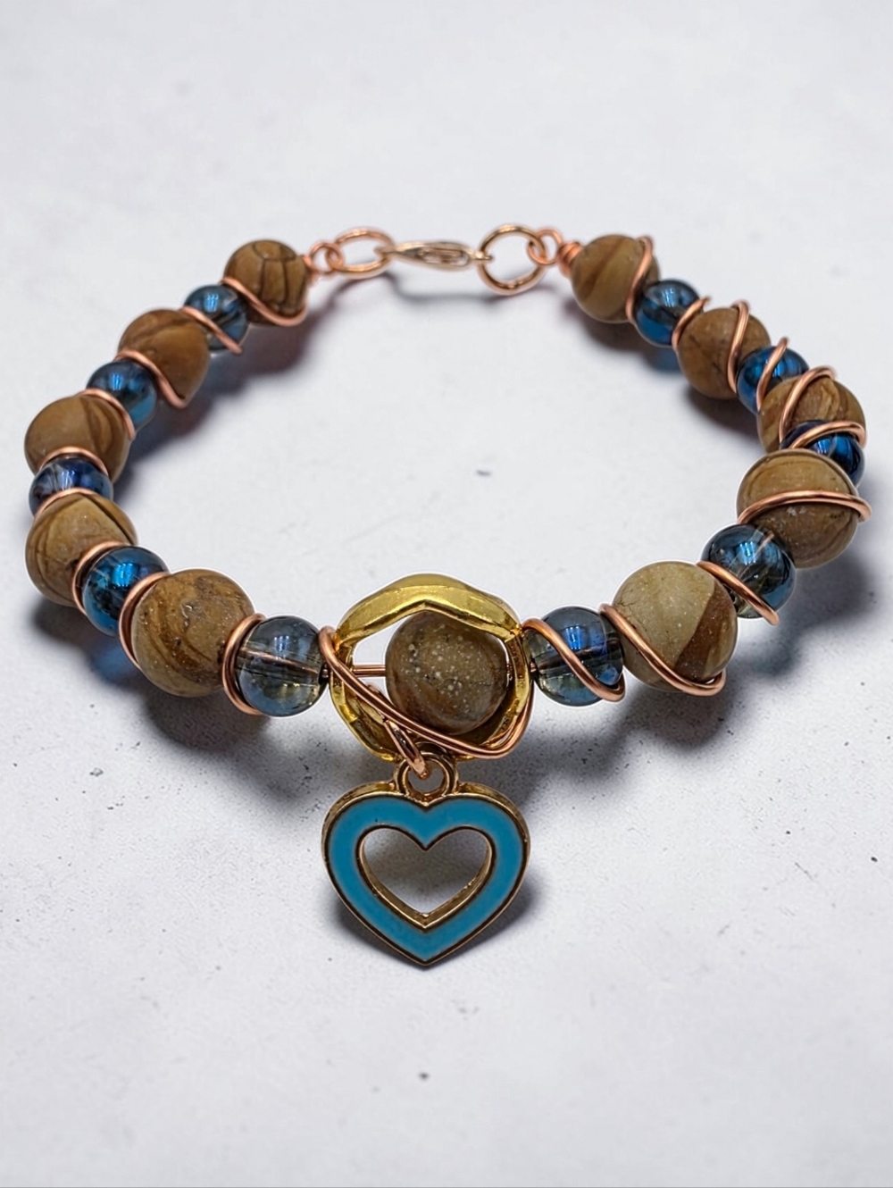 Handcrafted Blue with Wood Vein Jasper Beads & Heart Charm Bracelet